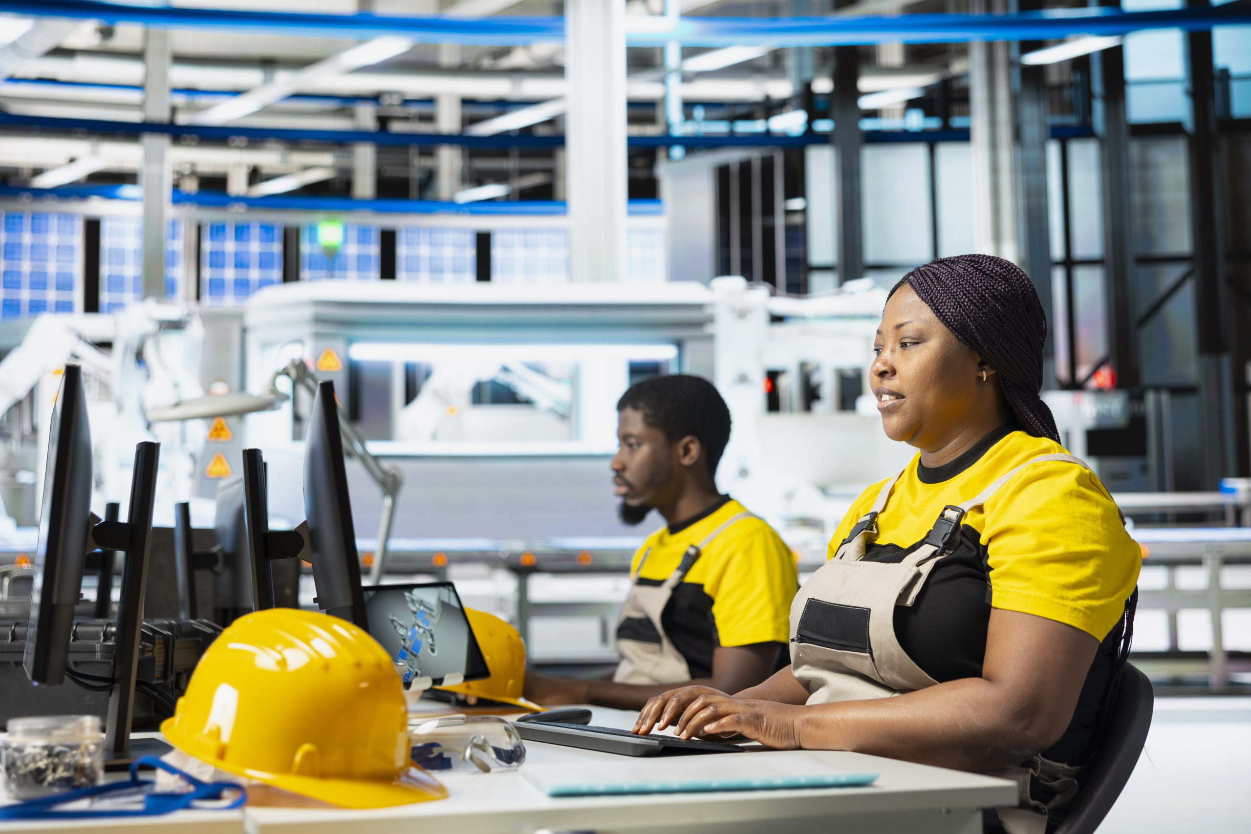 black woman engineer finetuning energy control systems on computer setup